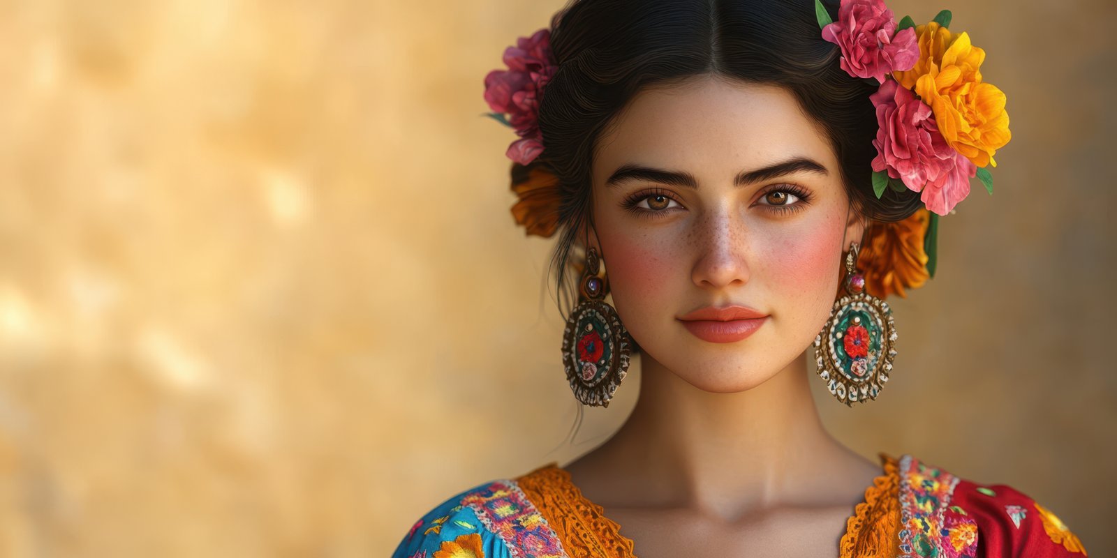Colorful traditional dress worn by a young woman in a vibrant floral headpiece in a sunny outdoor setting